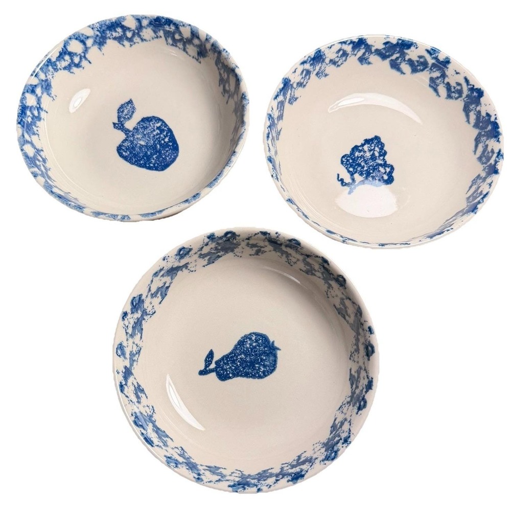 Vintage Tienshan Folk Craft In Fruit‎ Dinner Dessert Soup Bowls Set of 3 Blue